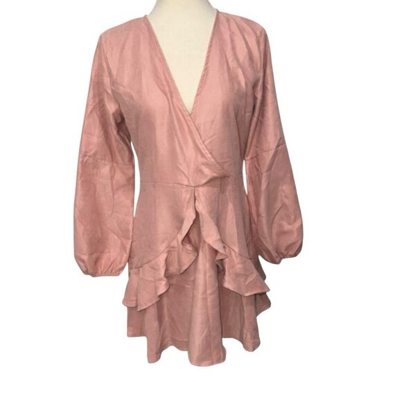SHEIN Solid Pink Ruffle Wrap Dress Long Balloon Sleeves V-Neck Layers Size XL - Picture 11 of 11